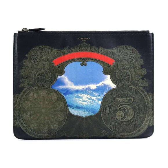 Auth GIVENCHY Clutch Bag Black/Multicolor Leather authentic - Picture 1 of 13